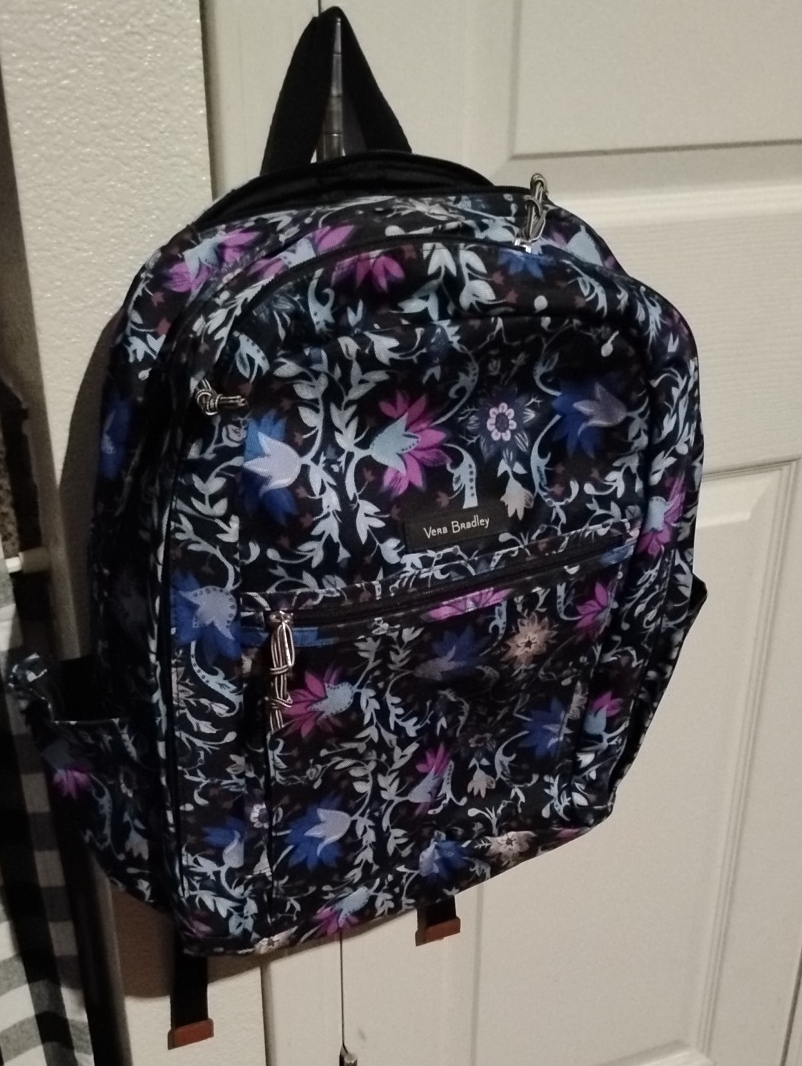 Vera Bradley Large Black Floral Backpack With Blue & Purple Accents